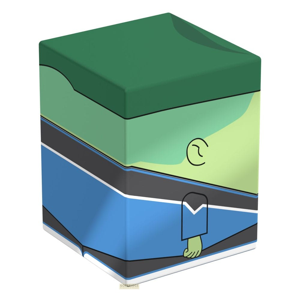 Un cube vert et bleu avec un visage abstrait et des bras sur fond blanc.