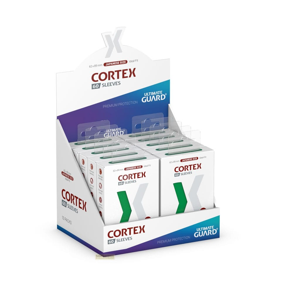 Un présentoir en carton contient des protège-cartes Ultimate Guard Cortex dans des boîtes.