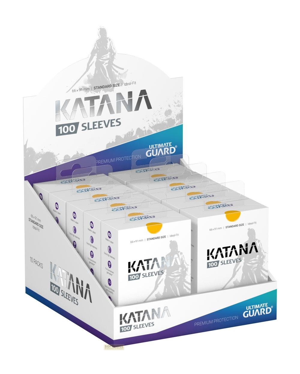 Un présentoir de vente contenant dix paquets de protège-cartes blancs Ultimate Guard Katana.