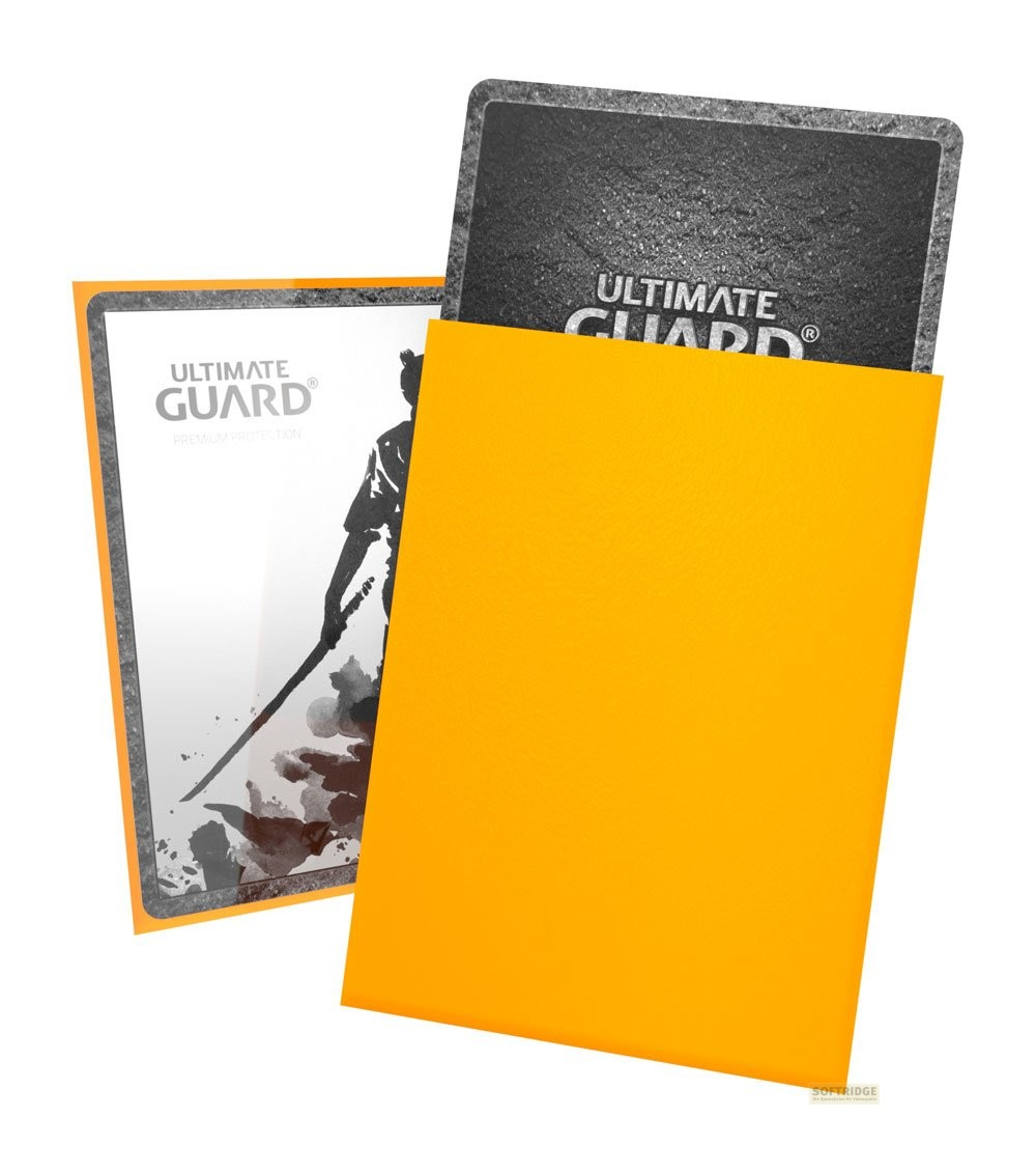 Protège-cartes Ultimate Guard jaunes avec design intérieur noir et blanc.