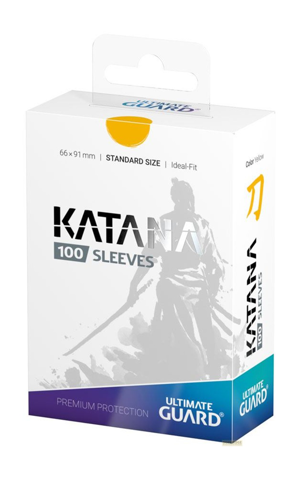 Une boîte blanche de protège-cartes Ultimate Guard Katana 100, avec un graphique de samouraï.