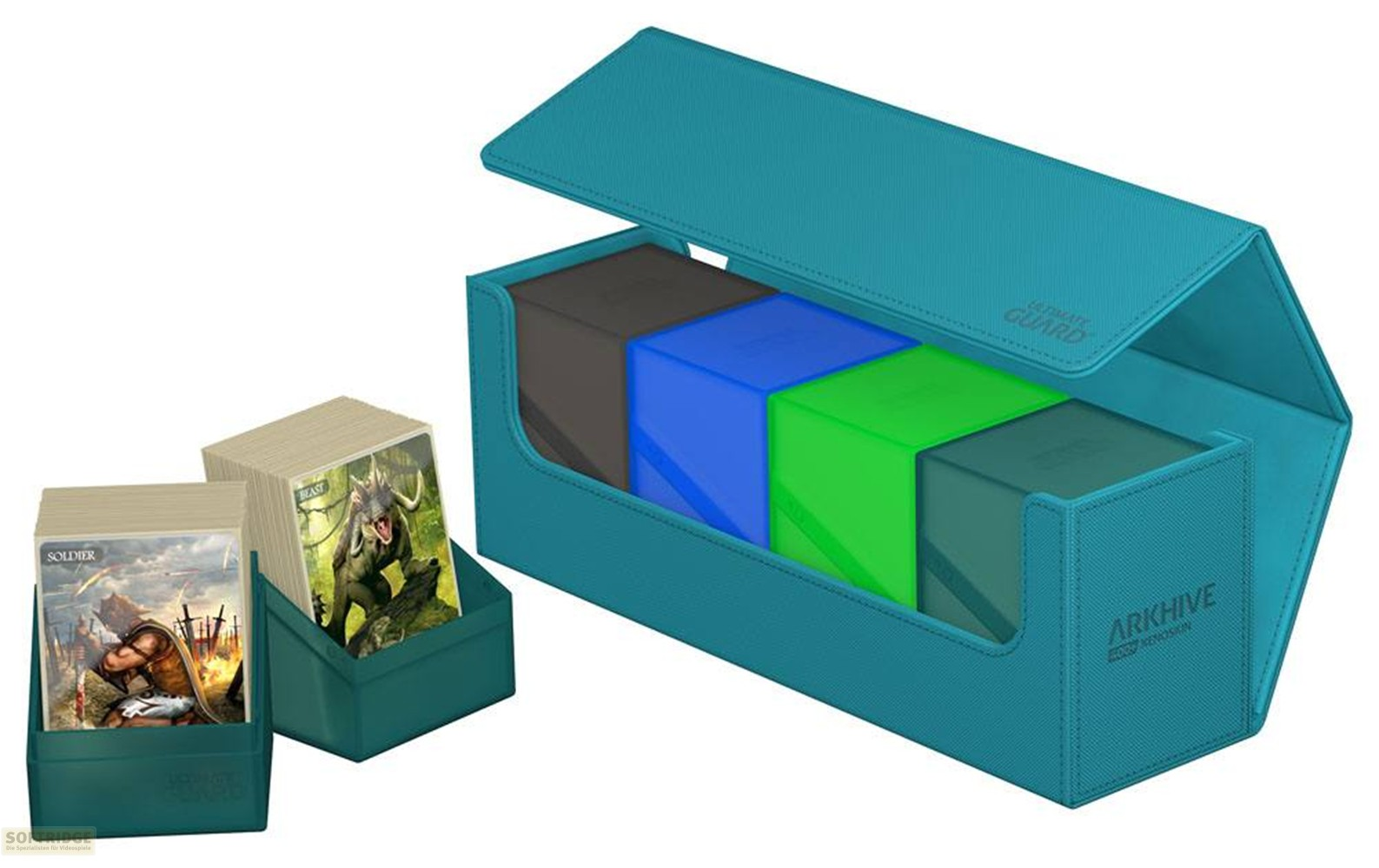 Boîte de cartes turquoise Arkhive avec quatre boîtes de deck colorées et deux supports ouverts avec des cartes.