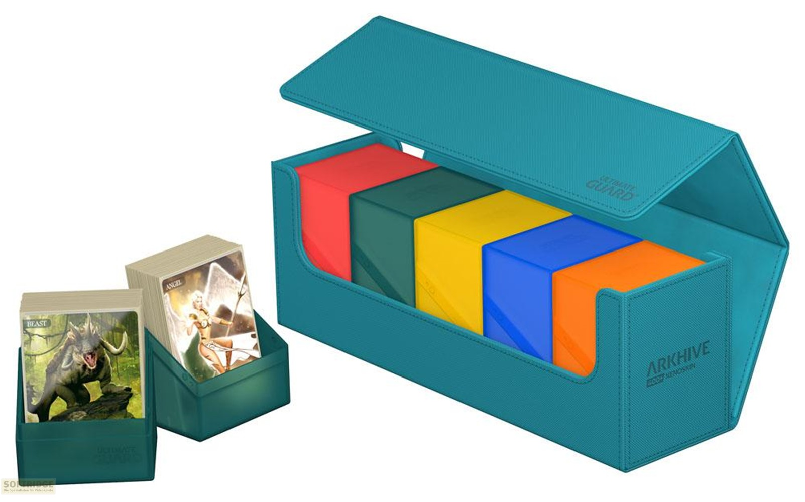 Boîte à cartes Arkhive turquoise avec des boîtes de deck colorées et deux porte-cartes ouverts.