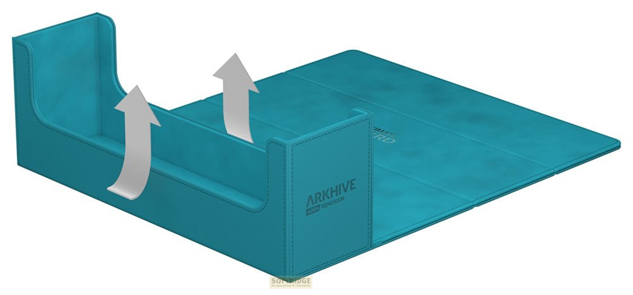 Un porte-cartes turquoise avec des rabats dépliés et des flèches vers le haut.