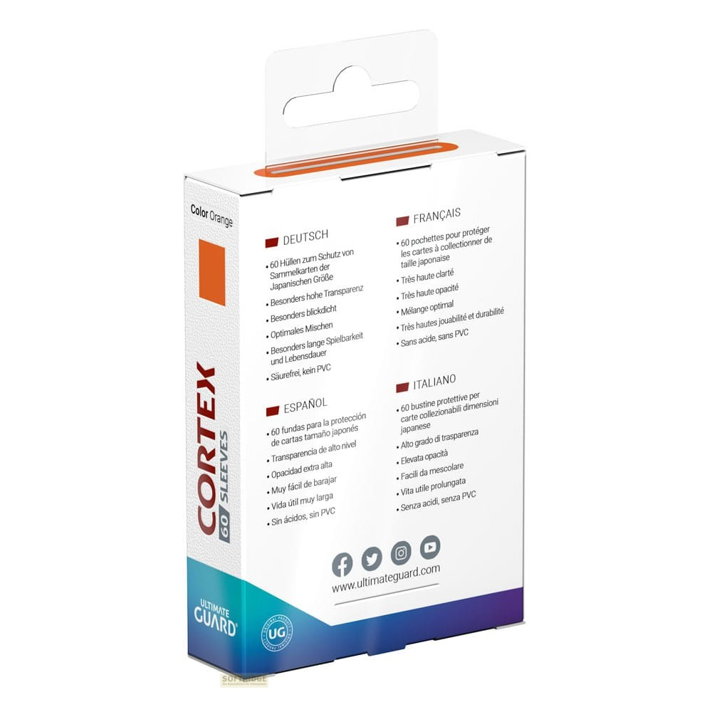 Arrière d'une boîte de Cortex Sleeves avec descriptions multilingues et logo Ultimate Guard.