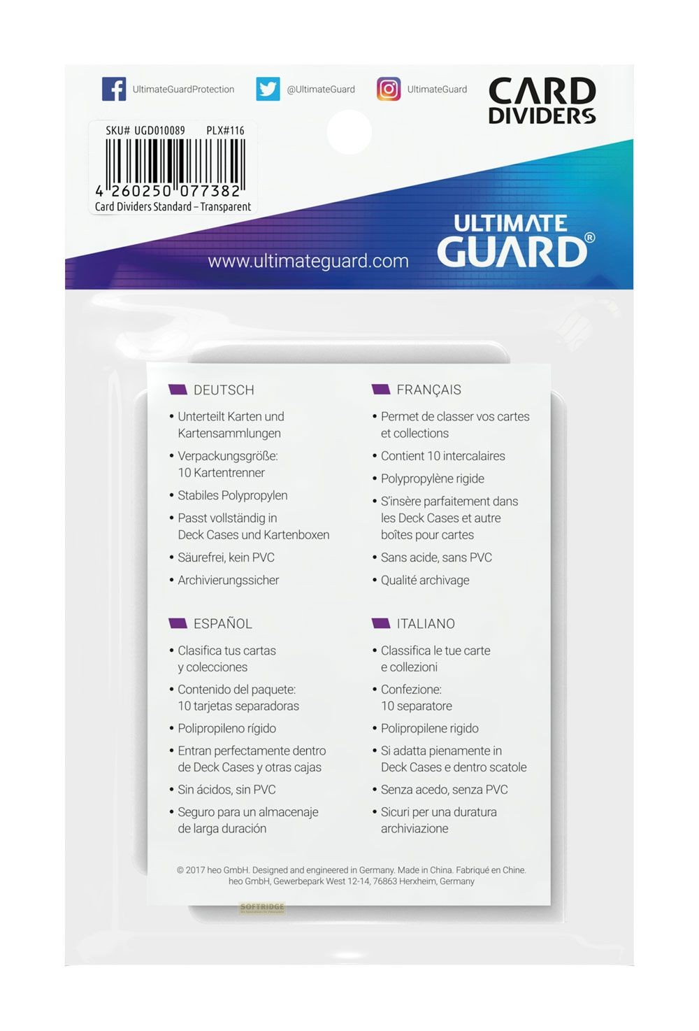 Dos d'un emballage de séparateurs de cartes Ultimate Guard avec des informations en plusieurs langues.