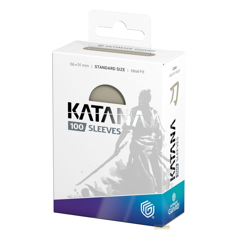 Une boîte blanche de protège-cartes Katana pour 100 cartes avec un graphique de samouraï.