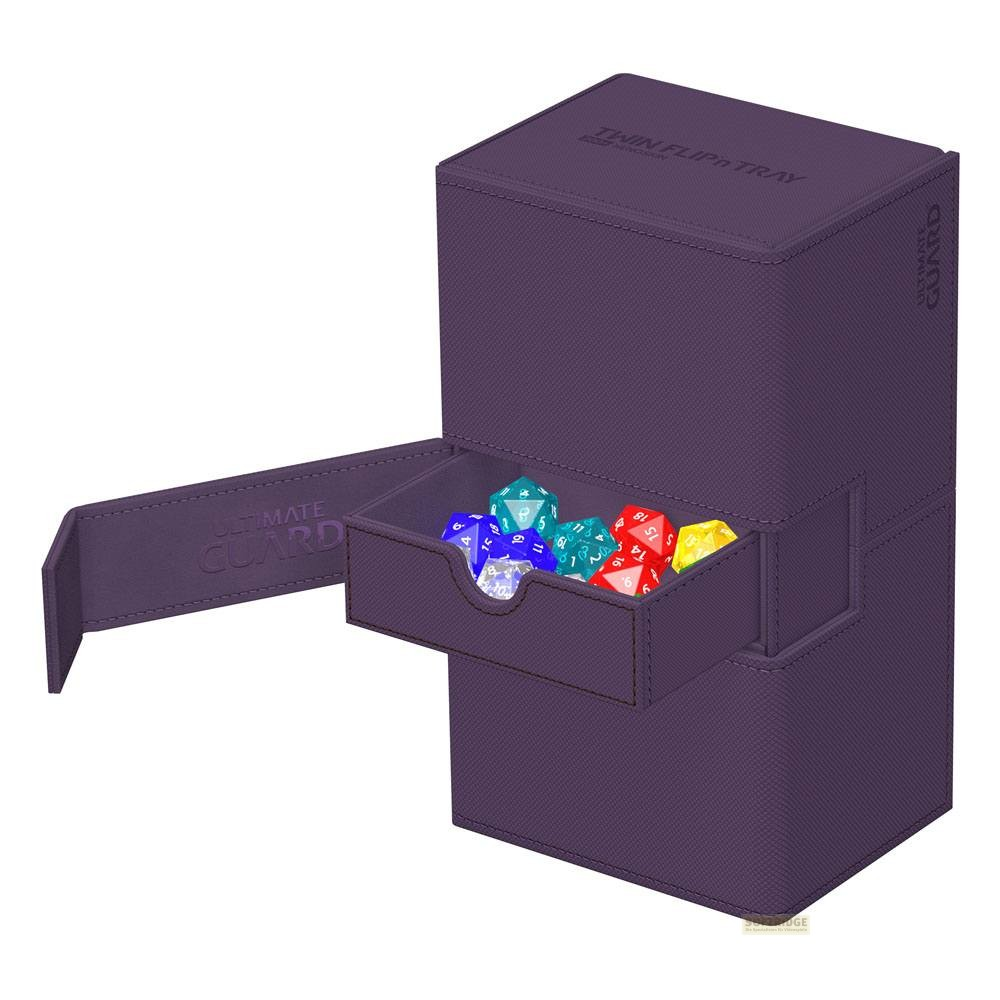Boîte à cartes violette avec un tiroir ouvert rempli de dés colorés.