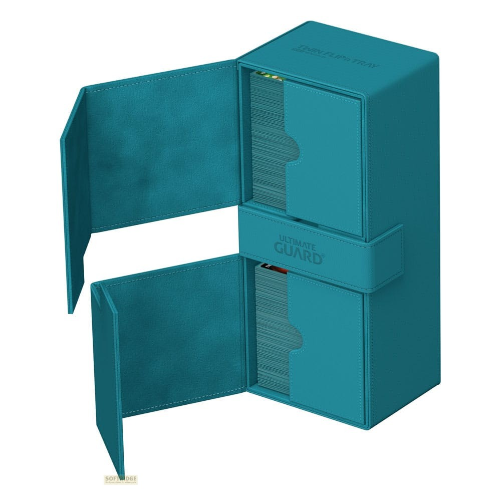 Boîte de jeu de cartes turquoise avec deux portes ouvertes et deux piles de cartes à l'intérieur.