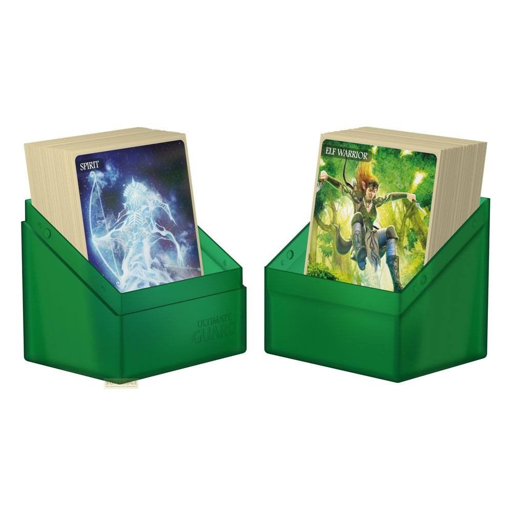 Deux boîtes de cartes en plastique vert contenant des cartes à collectionner de guerrier elfe et esprit.