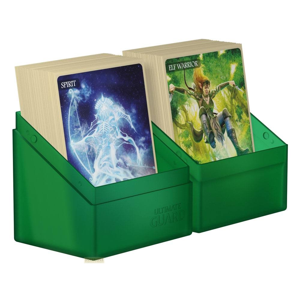 Deux boîtes de cartes vertes contenant des cartes fantastiques, esprit et elfe guerrier.