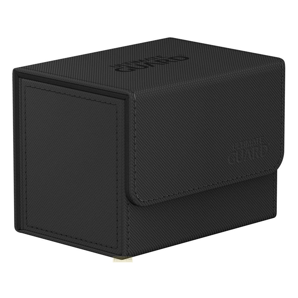 Une boîte de deck noire texturée avec rabat et logo Ultimate Guard sur fond blanc.