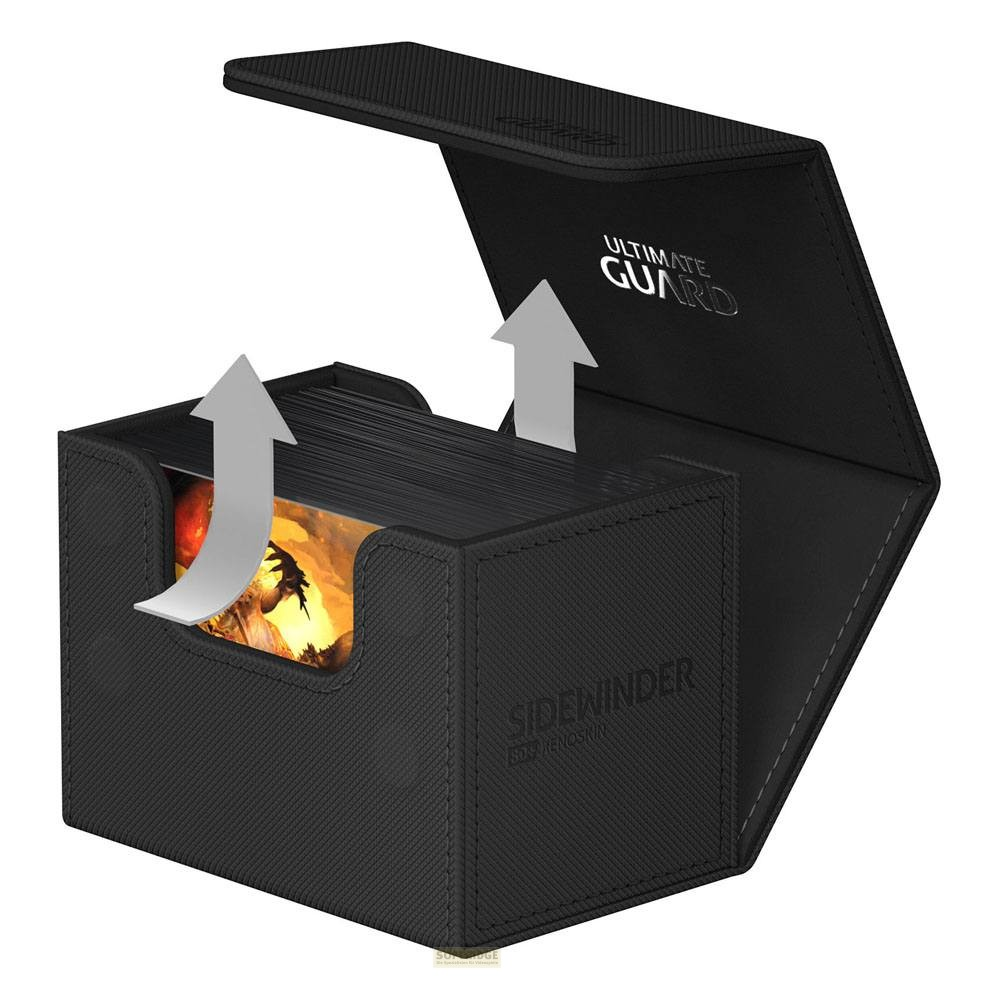 Boîte de deck Ultimate Guard Sidewinder noire avec couvercle ouvert et flèches vers le haut.