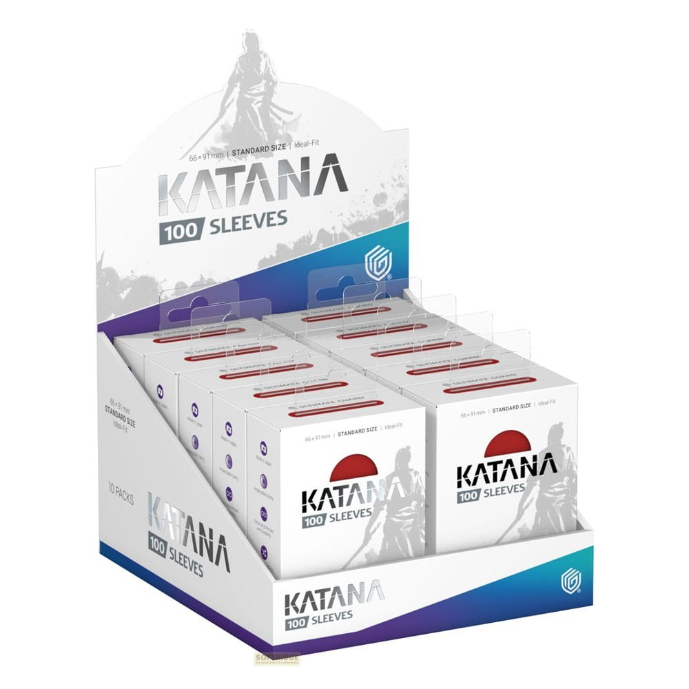 Présentoir de comptoir rempli de dix paquets de protège-cartes Katana blancs avec un logo samouraï rouge.