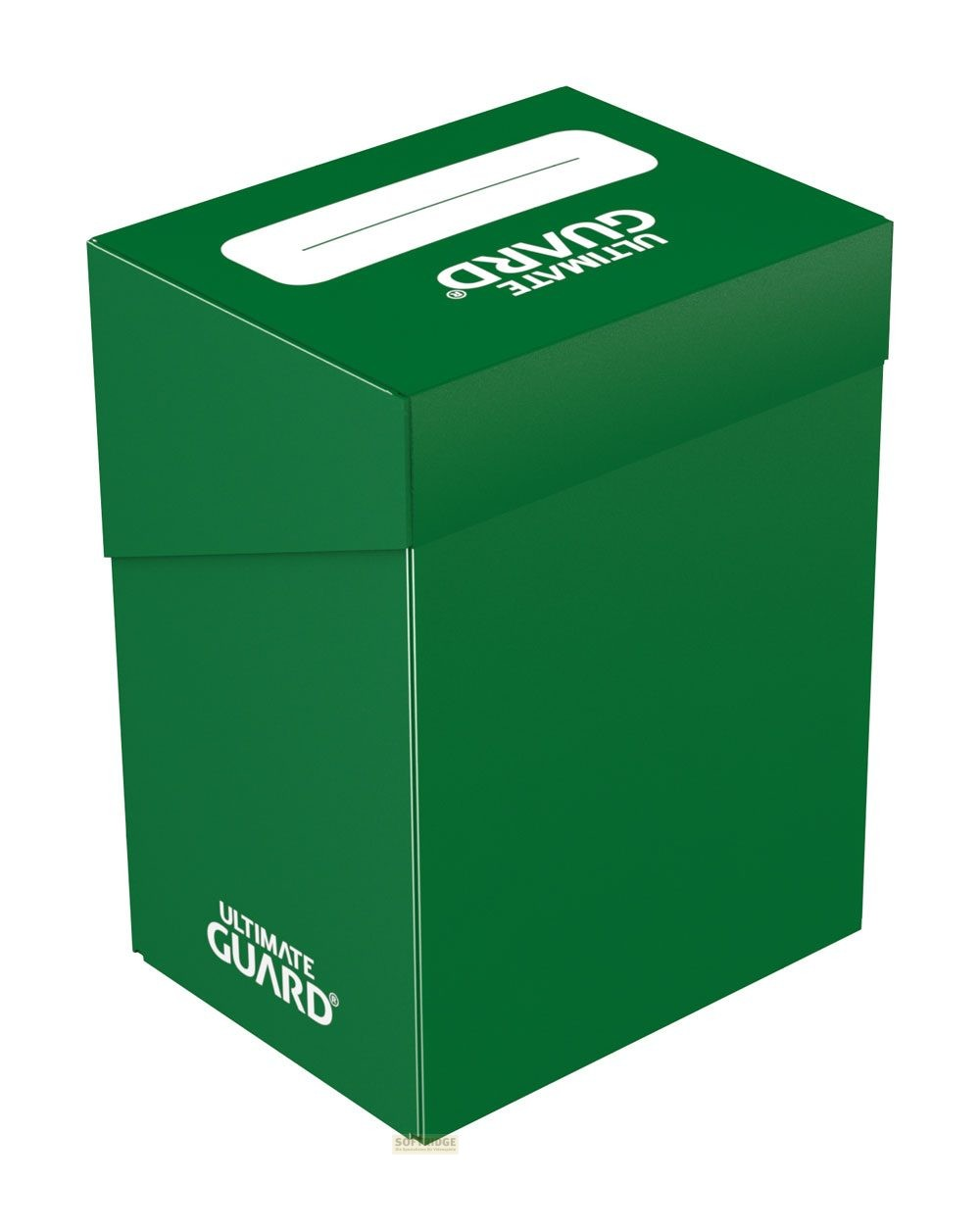 Une boîte de rangement verte Ultimate Guard avec logo et texte blancs.