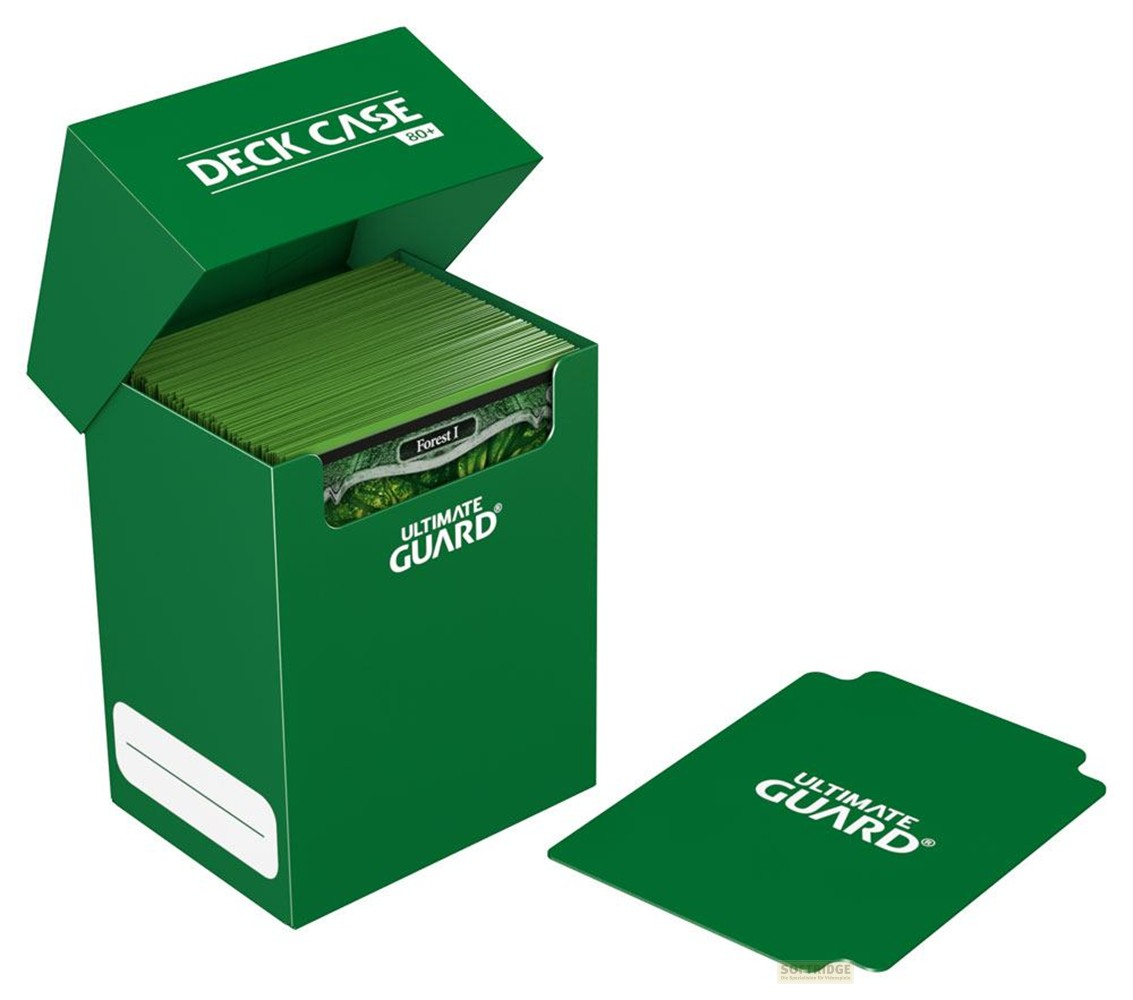 Boîte de deck verte avec logo Ultimate Guard, remplie de cartes et couvercle ouvert.