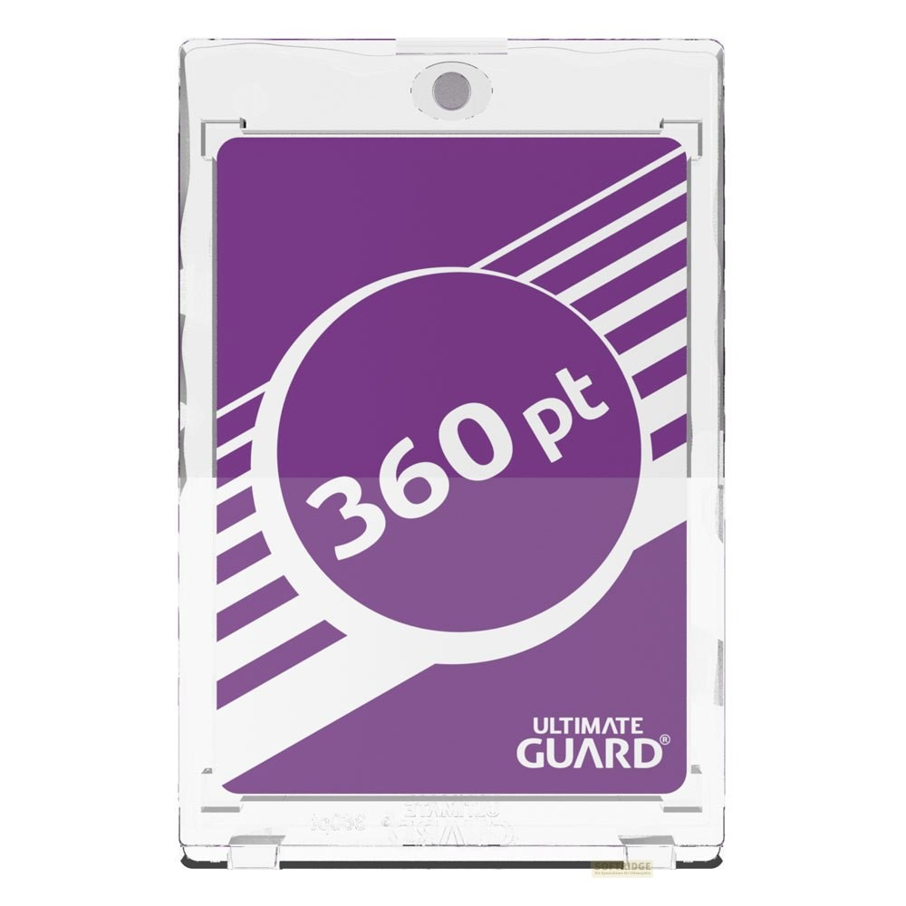 Un porte-carte transparent avec un insert violet portant le texte 360 pt et Ultimate Guard.