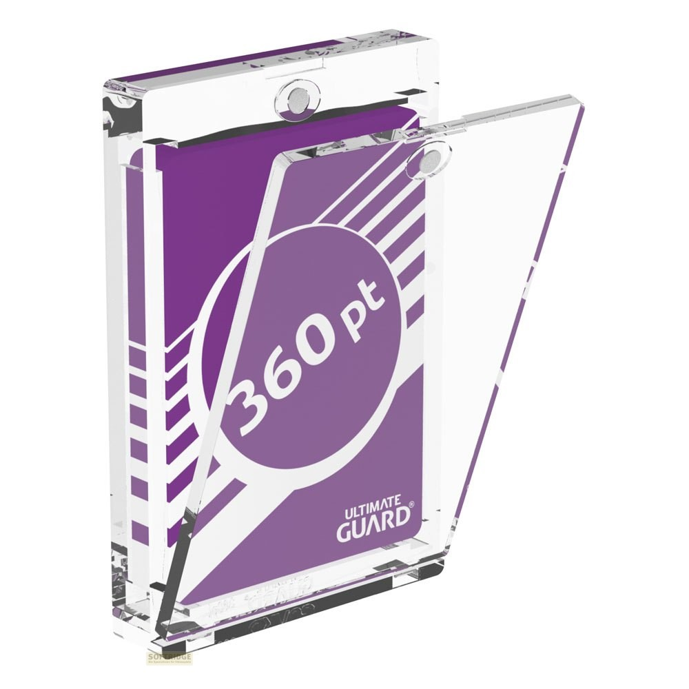Porte-carte magnétique transparent avec avant ouvert, montrant un insert violet avec '360 pt'.
