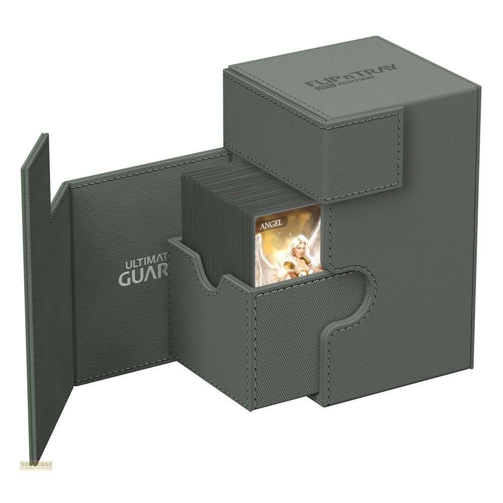 Une boîte grise Ultimate Guard Flip'n'Tray est ouverte, montrant des decks et l'illustration 'Angel'.