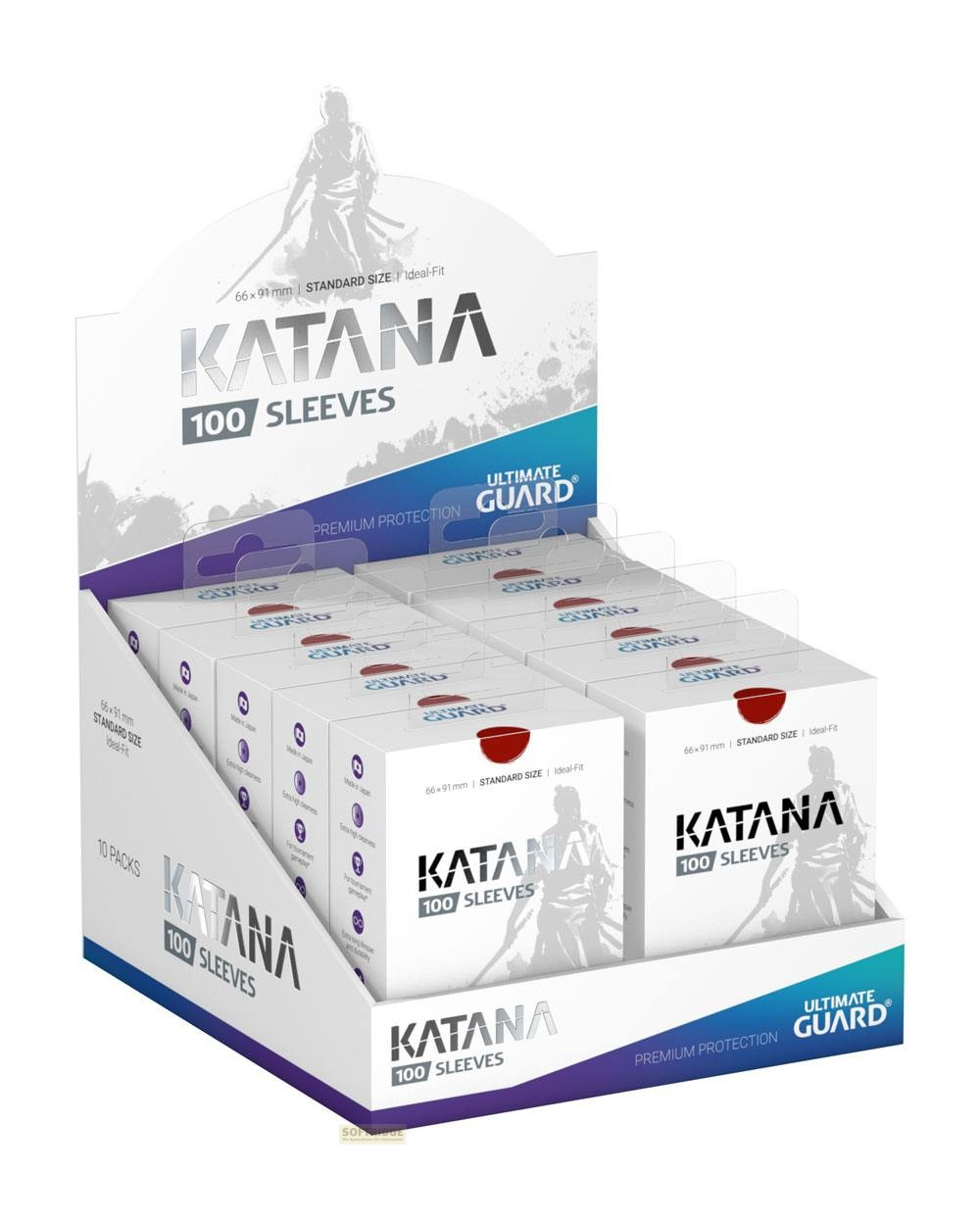 Une boîte de présentation contenant dix paquets de protège-cartes Ultimate Guard Katana blancs.