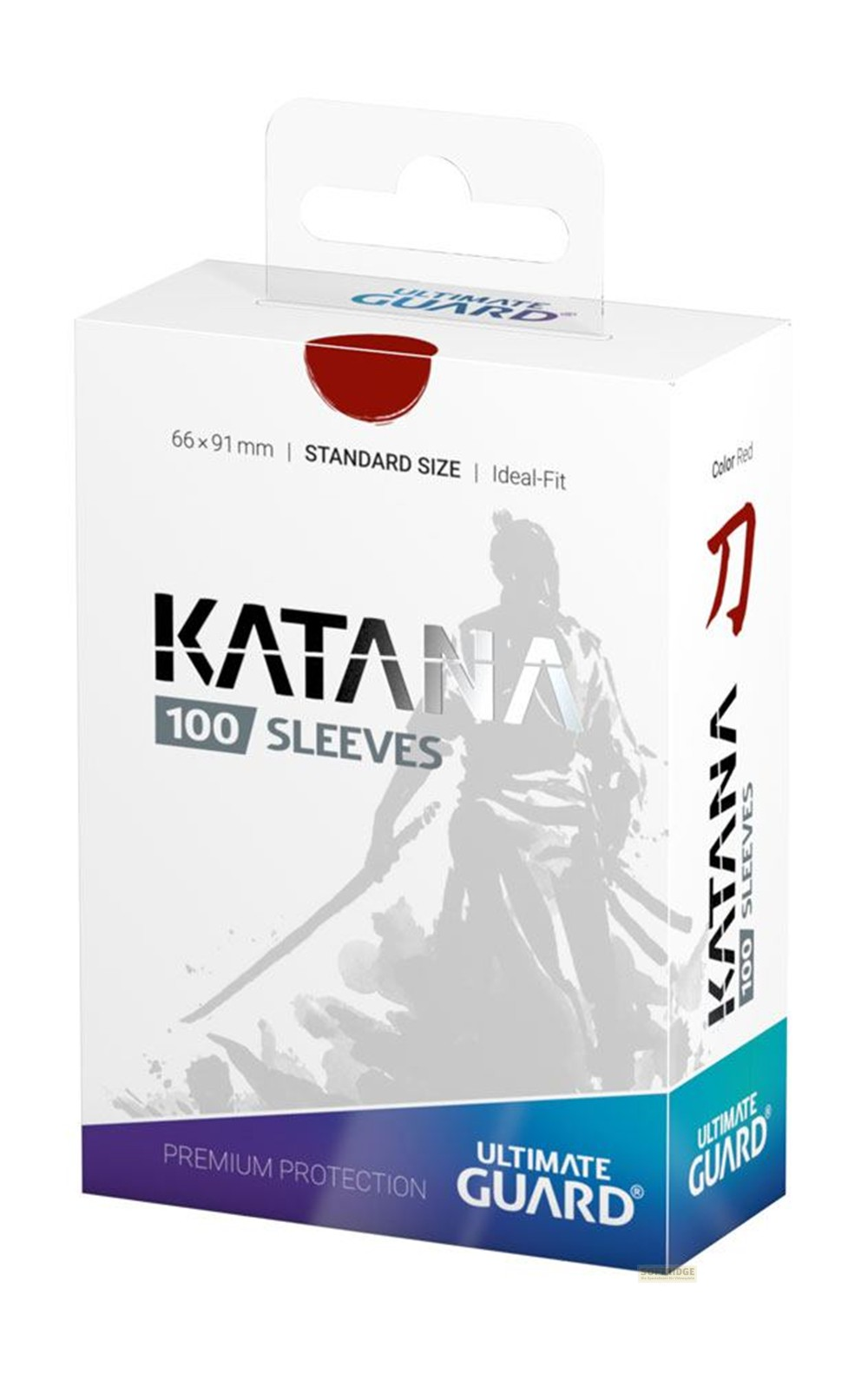 Une boîte d'emballage blanche pour 100 protège-cartes Ultimate Guard Katana avec un graphisme de samouraï.