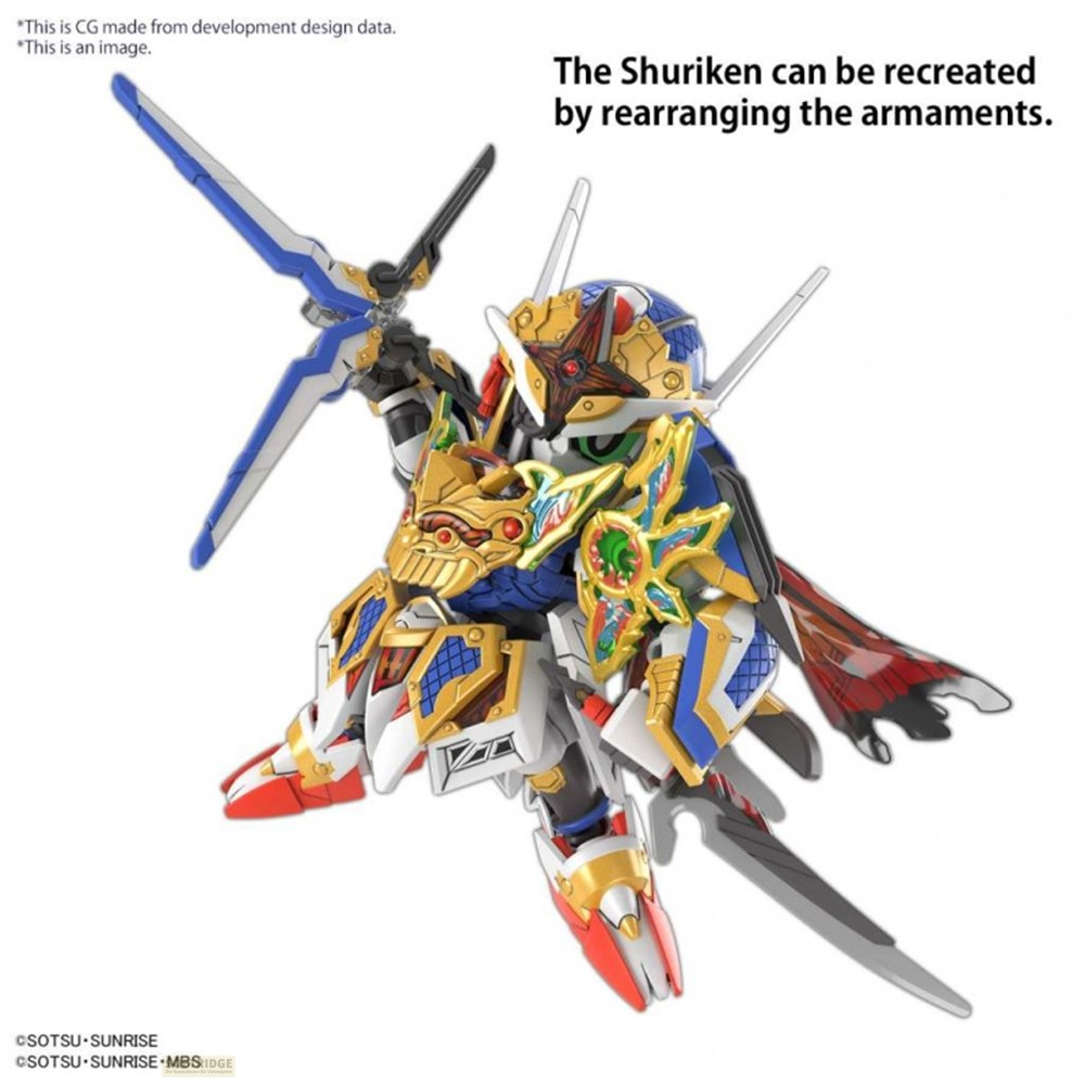 Eine stilisierte Roboter-Actionfigur in Blau, Weiß und Gold hält einen Shuriken vor weißem Hintergrund.