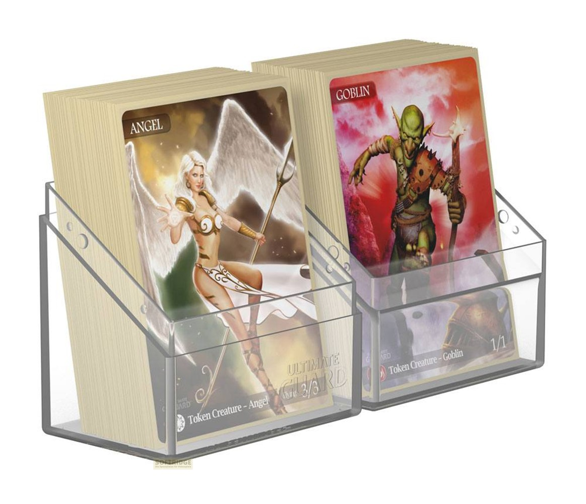 Deux supports en plastique transparent avec des piles de cartes: un ange à gauche, un gobelin à droite.