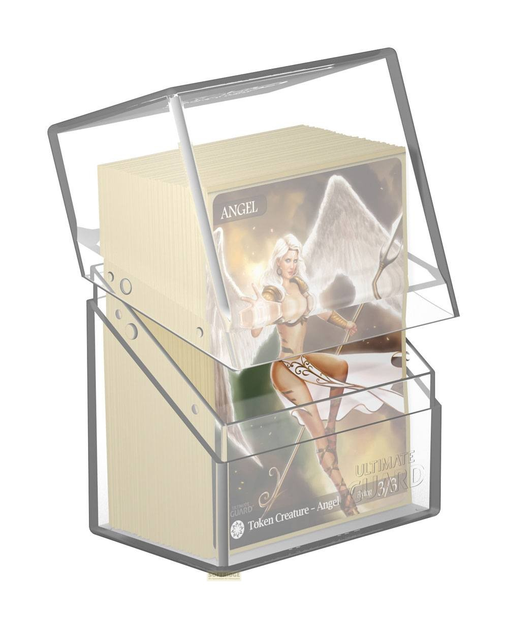 Boîte à cartes en acrylique transparent avec avant ouvert et un paquet de cartes ange à l'intérieur sur fond blanc.