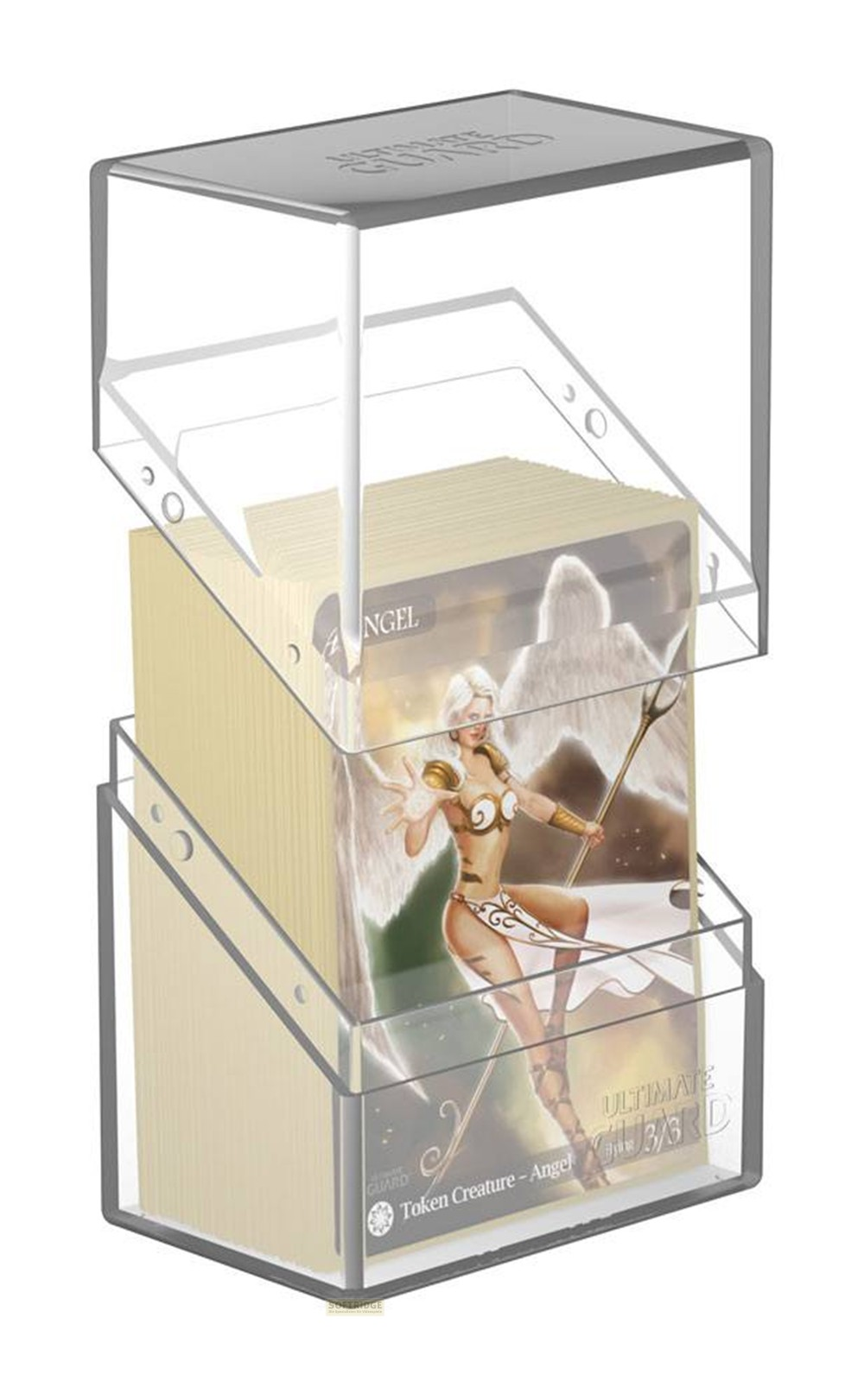 Une boîte de deck en plastique transparent contenant un deck, avec une carte jeton Ange visible à l'avant.