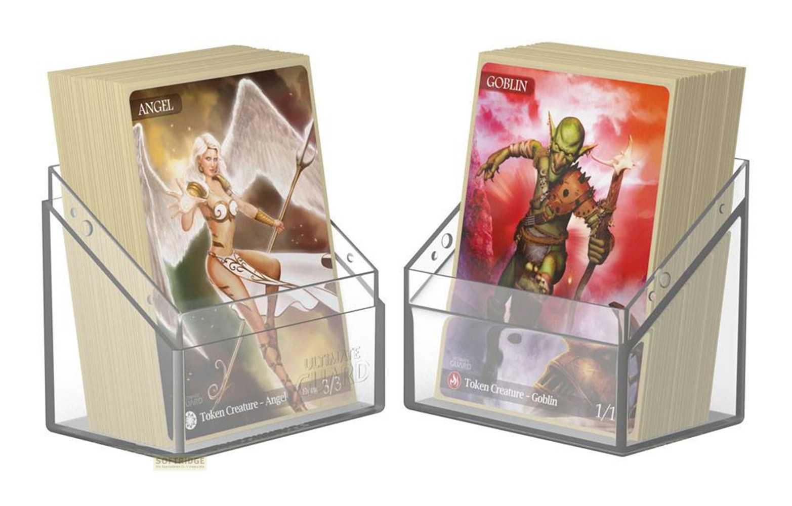 Deux porte-cartes en acrylique avec des decks, à gauche Ange, à droite Gobelin.