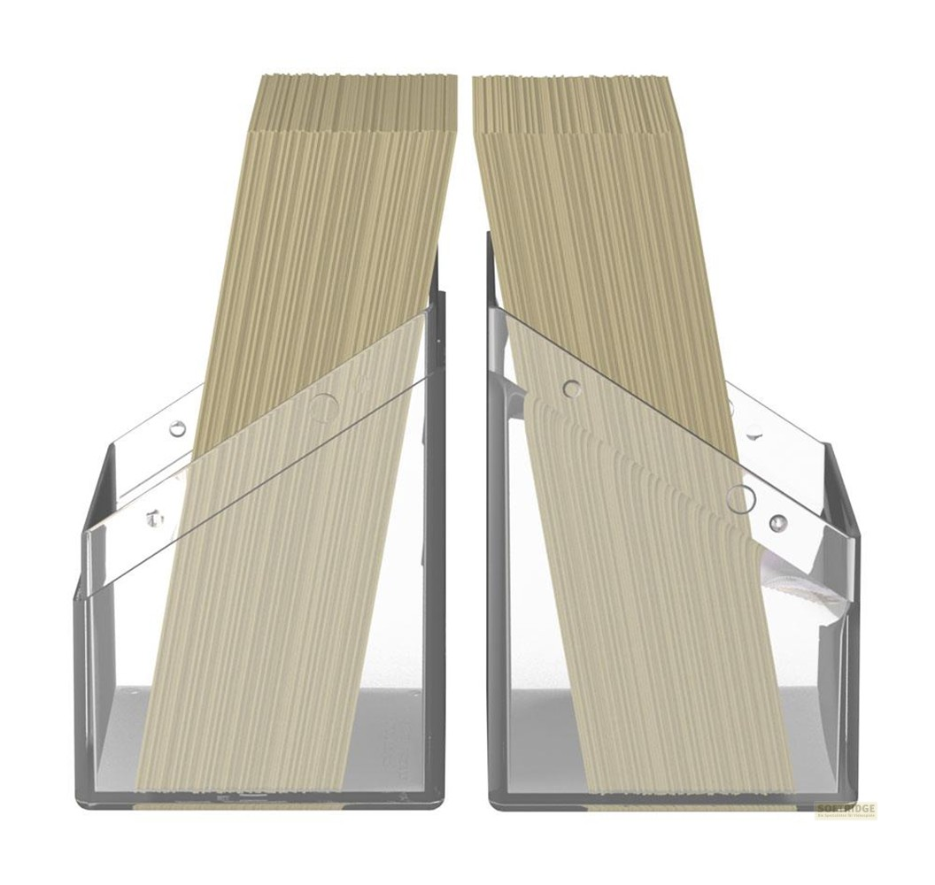 Deux supports en acrylique transparent sur fond blanc, chacun contenant une pile verticale de papiers beige.