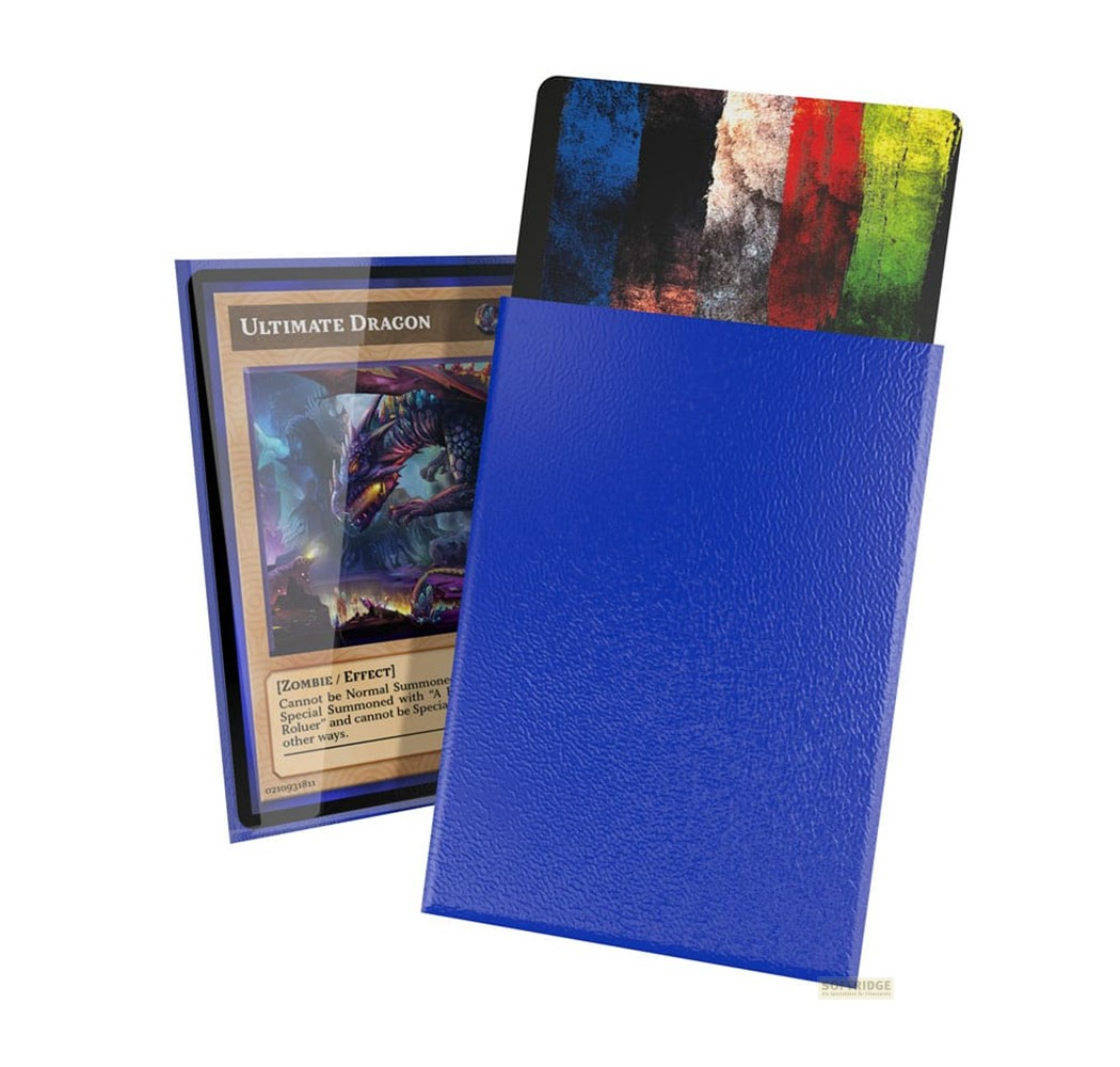 Une boîte de deck bleue contenant des cartes avec un dragon et des motifs colorés.