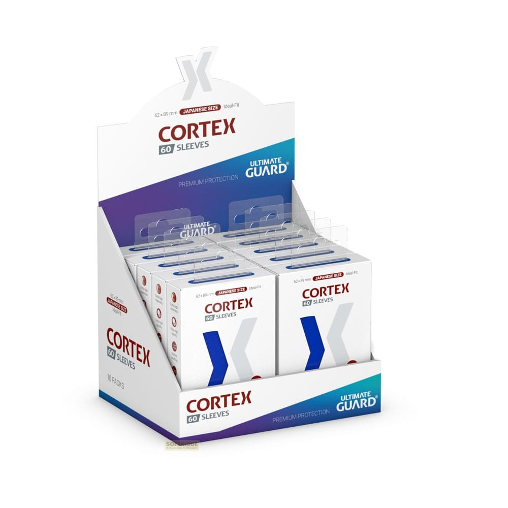 Un présentoir de vente rempli de protège-cartes Ultimate Guard Cortex 60 format japonais.
