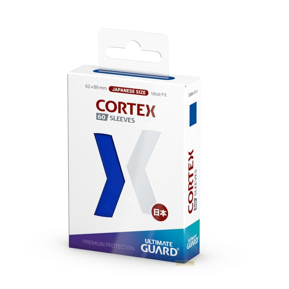 Boîte blanche pour protège-cartes Cortex 60 taille japonaise, logo X bleu et marque Ultimate Guard.