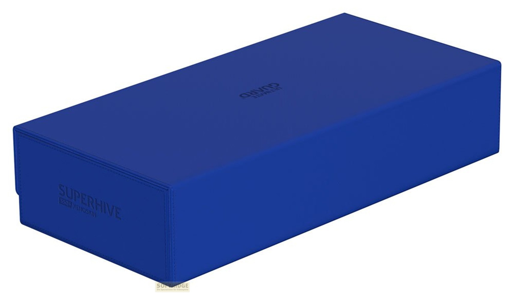 Une boîte de rangement bleue Superhive Xenoskin fermée sur fond blanc.