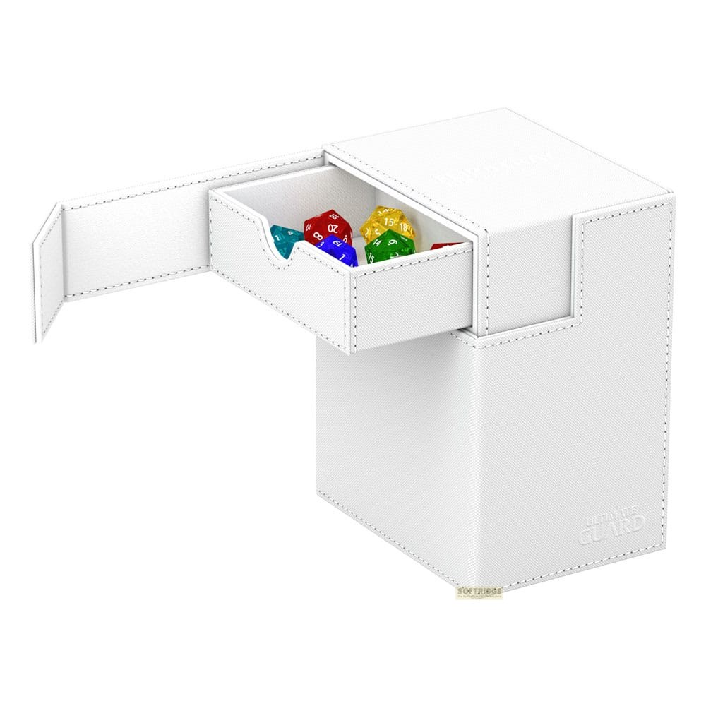 Une boîte de jeu blanche avec un tiroir ouvert contenant des dés colorés.