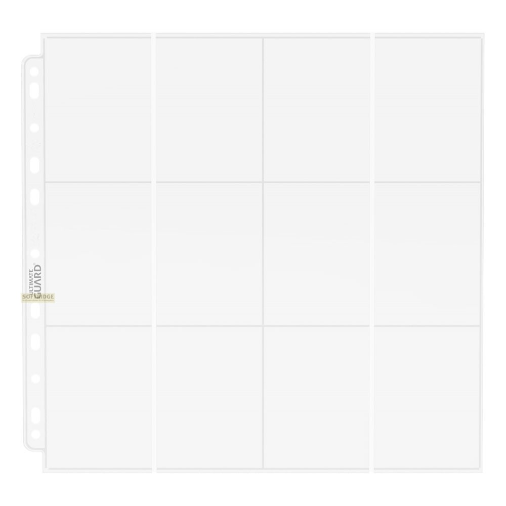 Une page de classeur en plastique transparent avec neuf poches pour cartes sur un fond blanc uni.