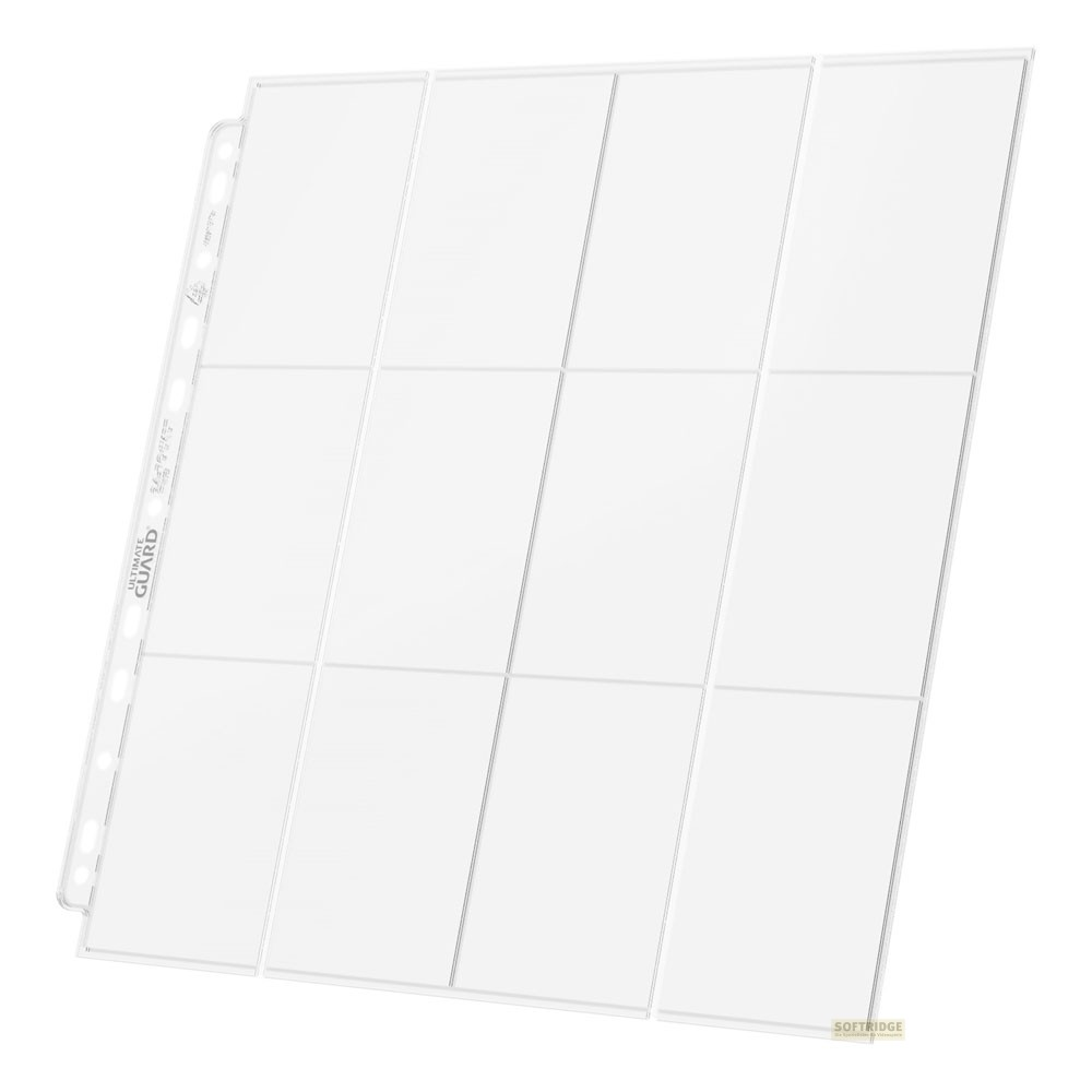 Une feuille de classeur en plastique transparent avec douze poches pour cartes sur fond blanc.