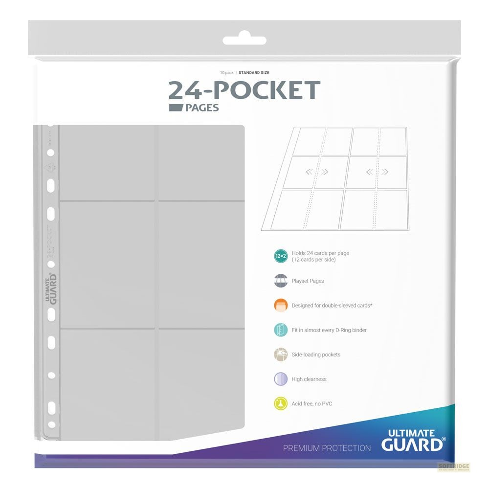 Emballage de pages Ultimate Guard à 24 poches pour cartes avec caractéristiques.