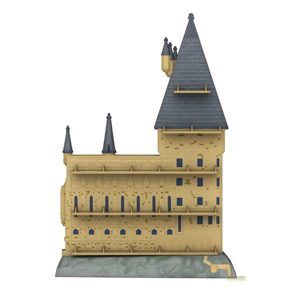 Modelo de un castillo con muros claros, tejados azules y pequeñas torres sobre una base gris.