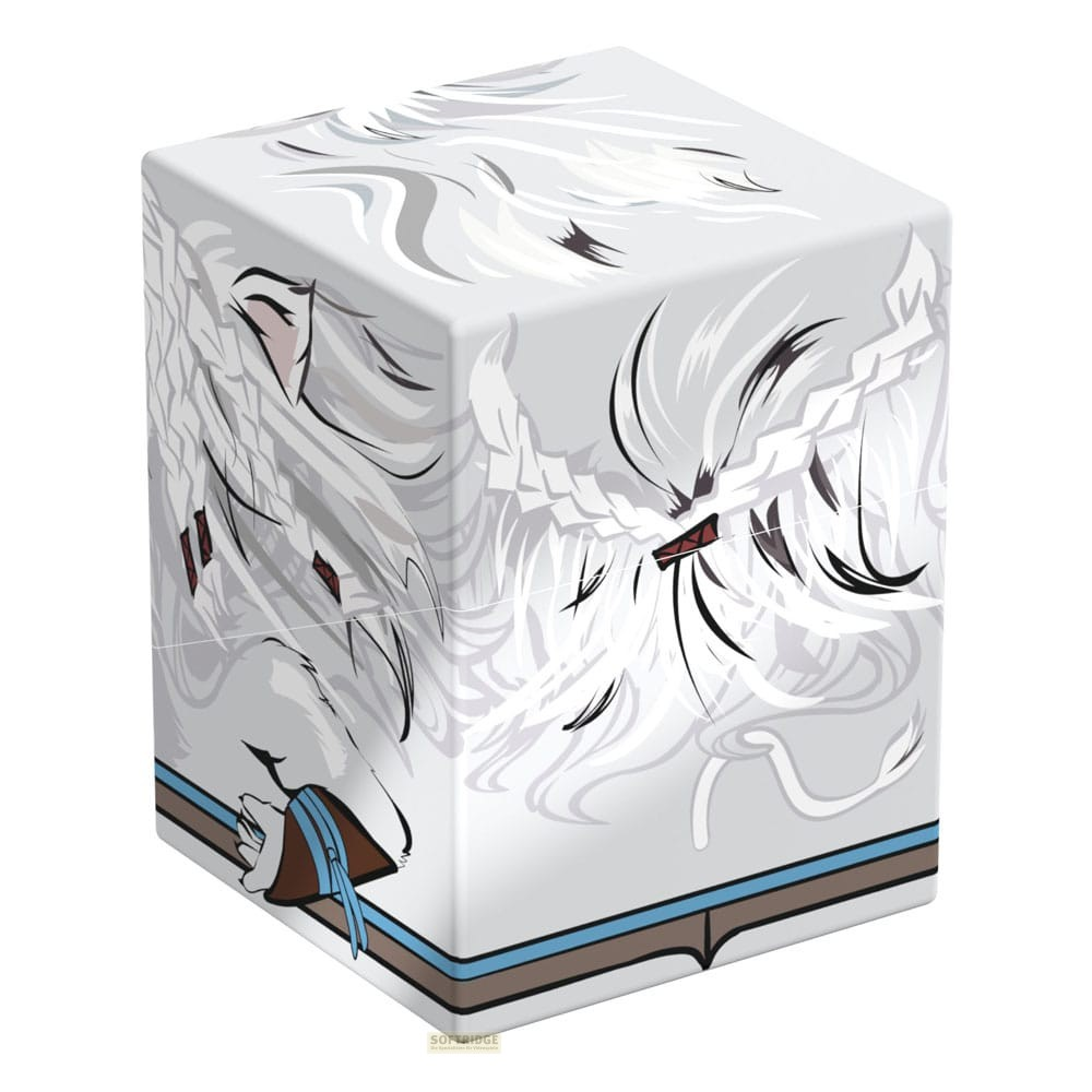 Une boîte blanche avec des illustrations de manga de longs cheveux blancs et des accents bleus.