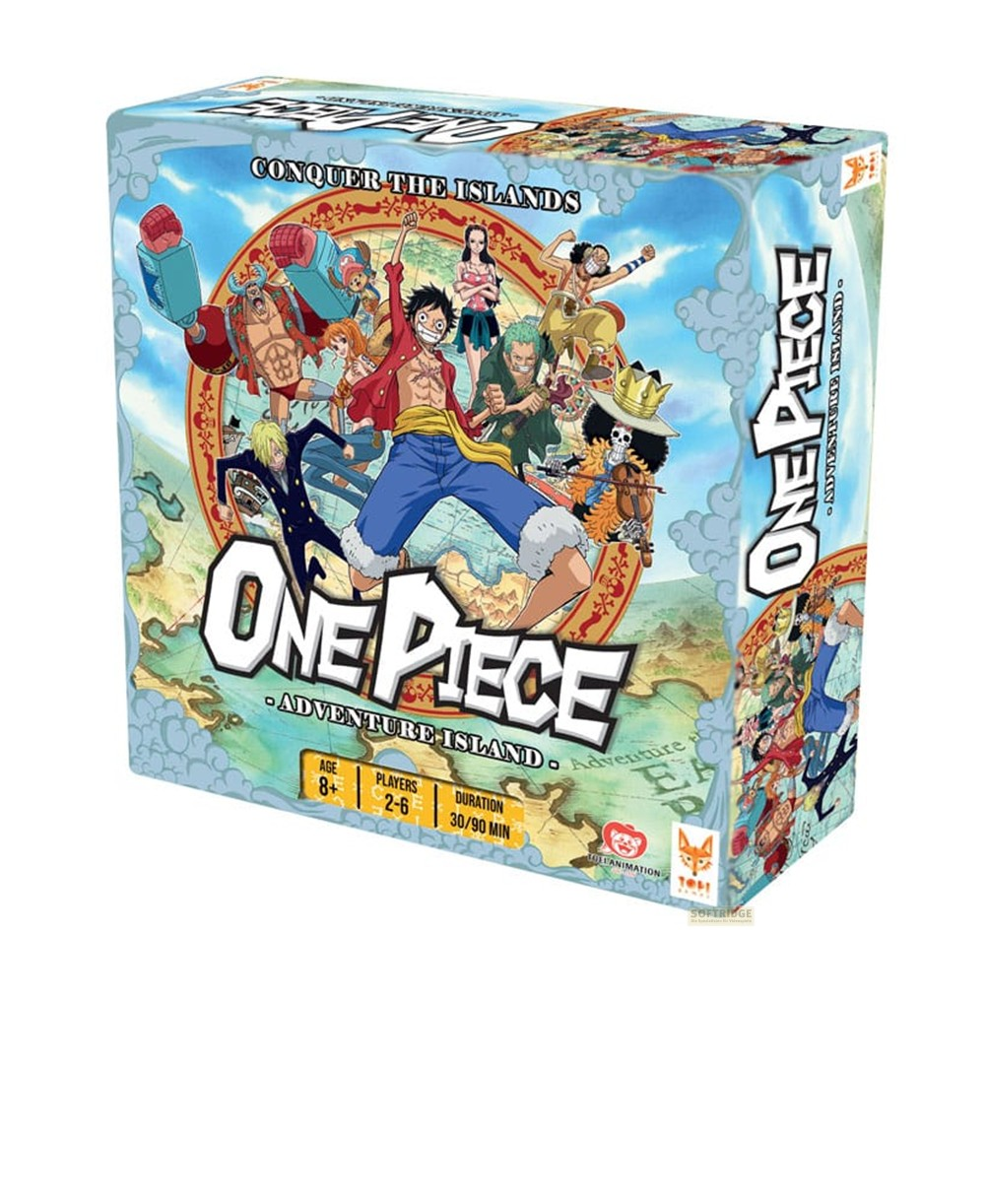 Boîte de jeu de société One Piece montrant Luffy et son équipage sur une carte.