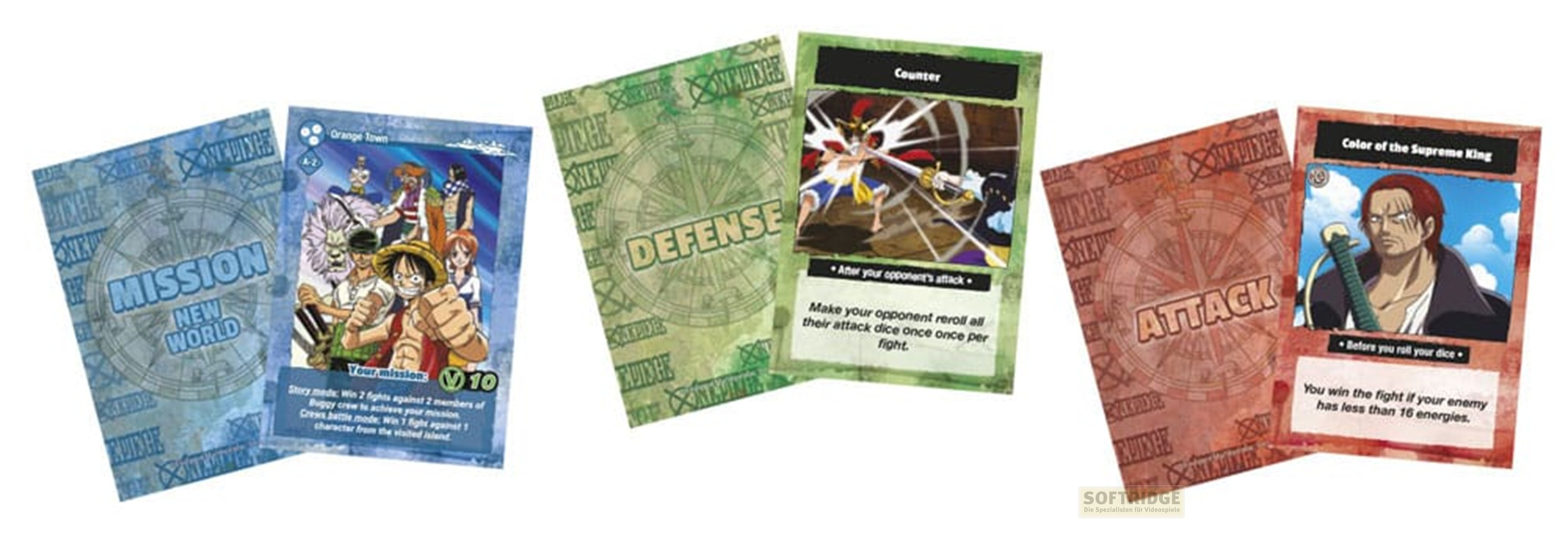 Trois paires de cartes du jeu One Piece aux thèmes bleu, vert et rouge.