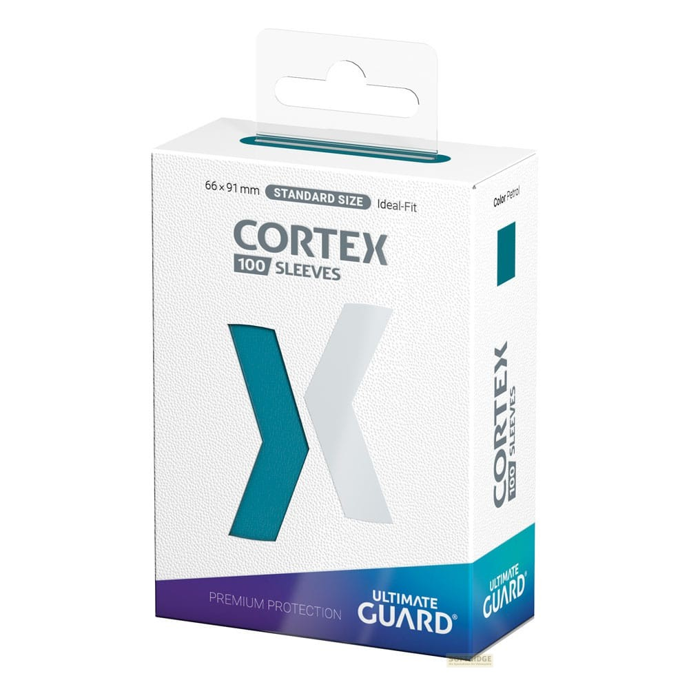 Eine weiße und türkise Ultimate Guard Cortex Kartenschutzhülle Box mit X-Symbol.