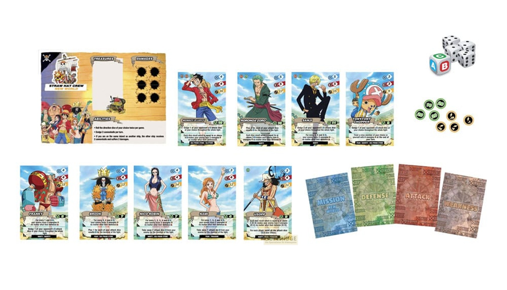 Plusieurs cartes, dés et jetons de jeu de société One Piece sur fond blanc.