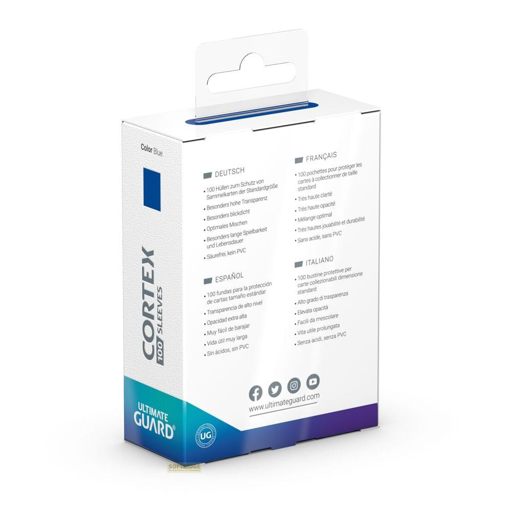 Boîte en carton blanc et bleu pour protège-cartes Ultimate Guard Cortex 100, avec détails en plusieurs langues.