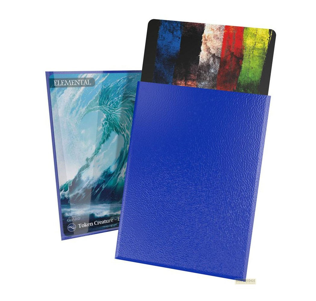 Une boîte de deck bleue avec une carte à rayures colorées, près d'une carte de vague.