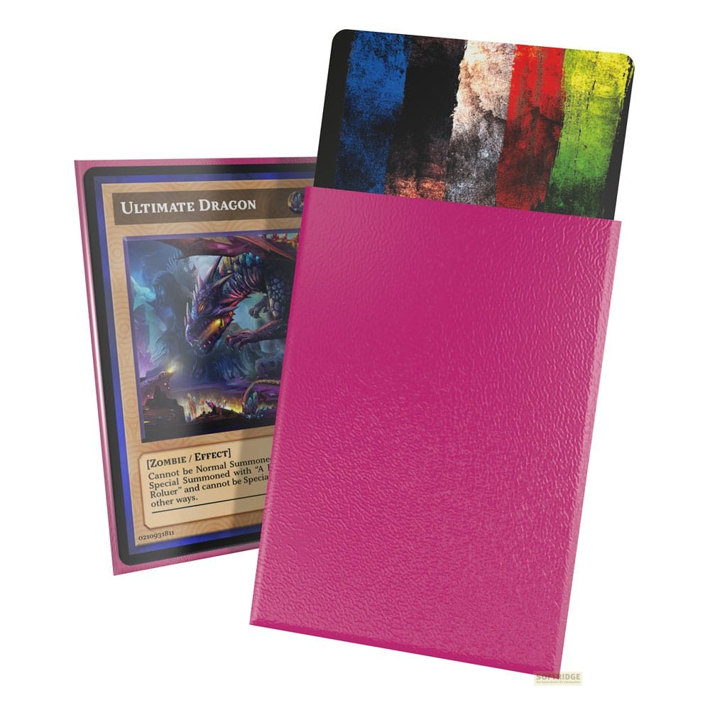 Une pochette rose contient une carte au design abstrait, tandis qu'une autre montre une image de dragon.