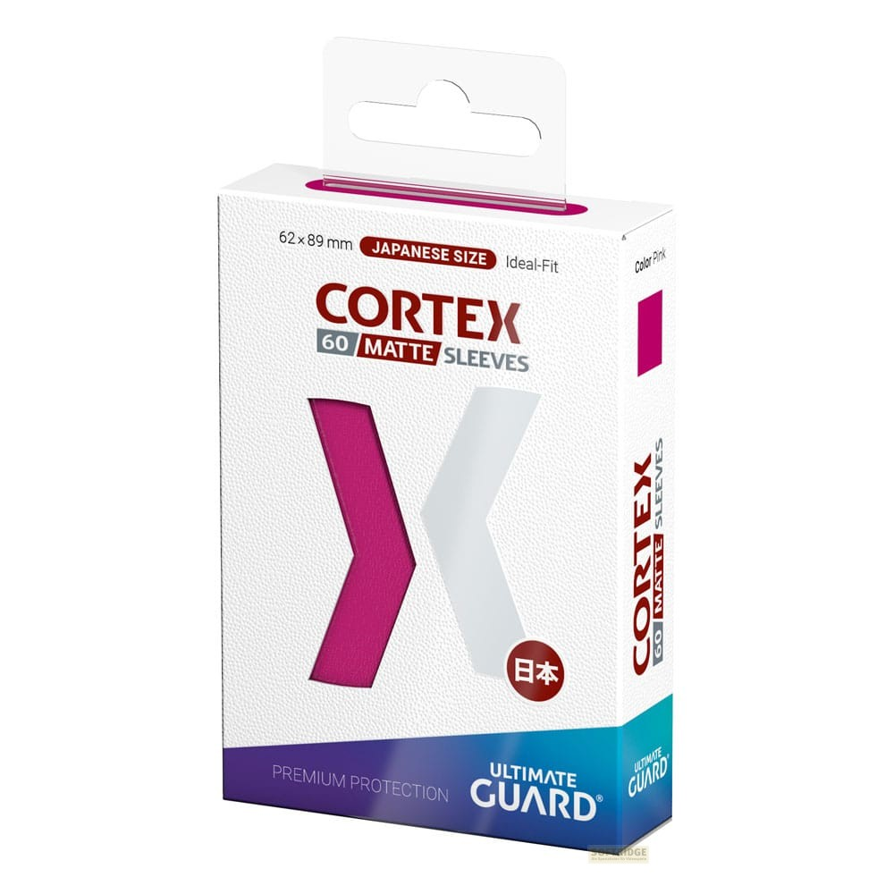Boîte blanche et rose étiquetée Cortex Matte Sleeves, Ultimate Guard, pour cartes format japonais.
