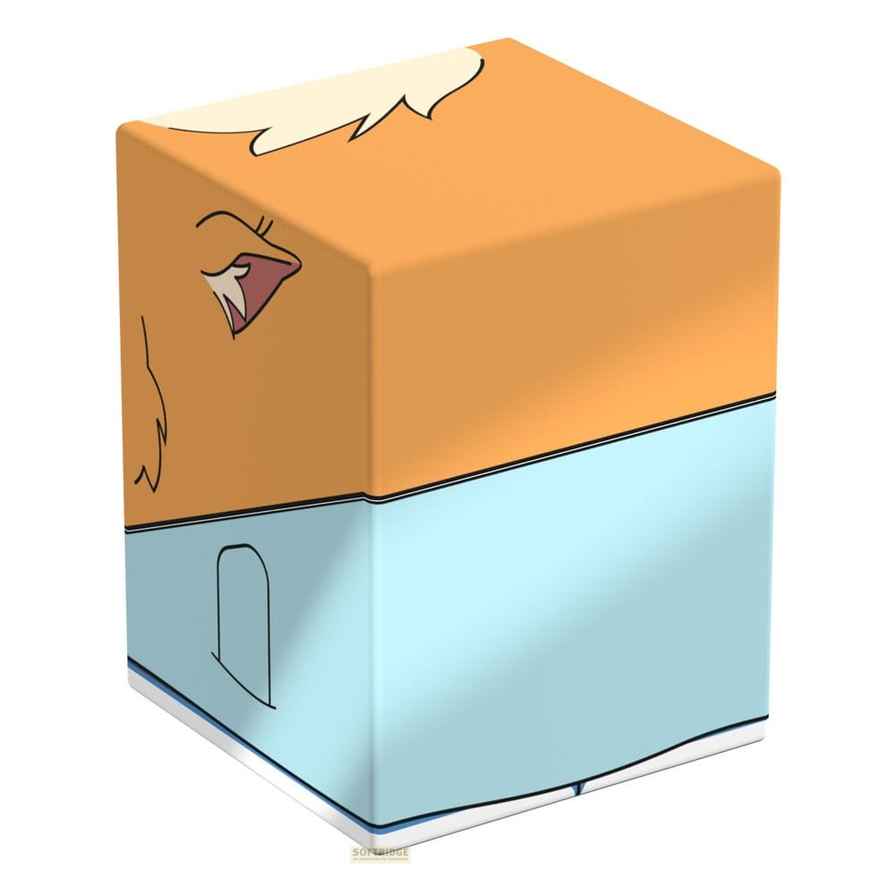 Un cube en mousse souple avec des surfaces orange et bleu clair, décoré d'une illustration de dessin animé.
